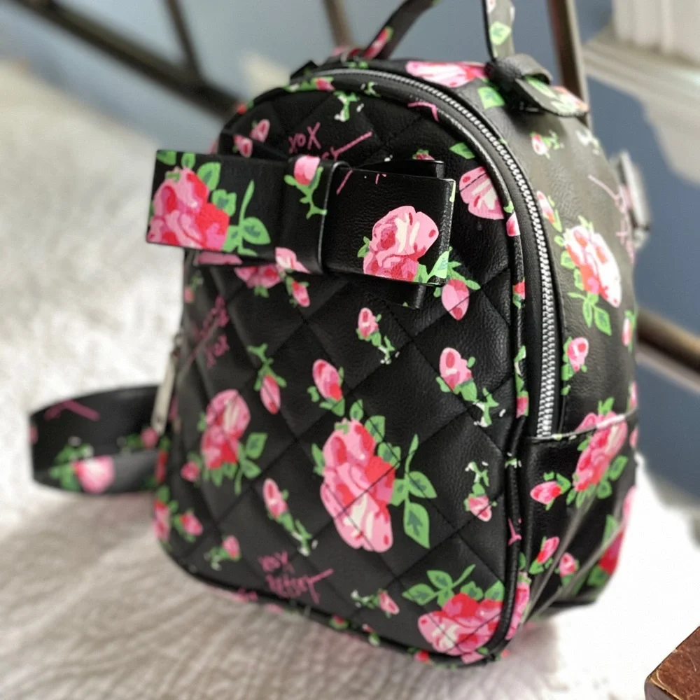 Betsey Johnson Floral Black Mini Backpack with Pink Accents - Picture 3 of 12